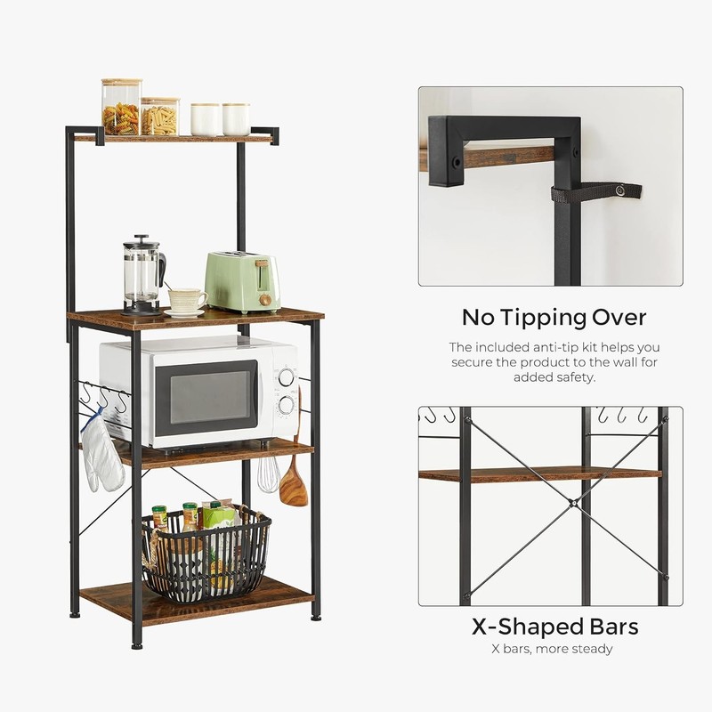 Rustic Brown & Black 3-Tier Bakers Rack with 6 S-Hooks - Stylish Kitchen Storage gallery
