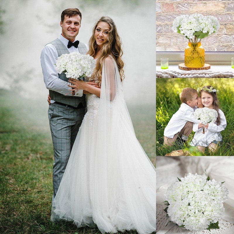 EZFLOWERY 5 Pcs Artificial Silk Hydrangea Flowers 18'' Bouquet Arrangement White gallery