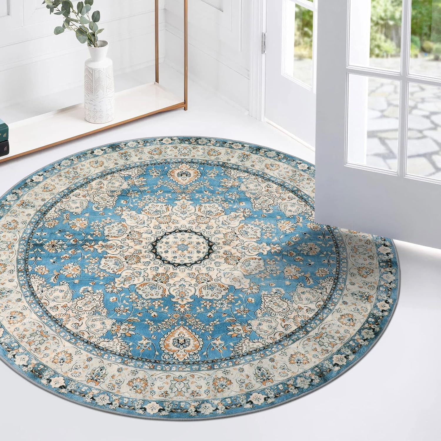 Oriental Floral Medallion round Rug - 3Ft Blue Small round Area Rug, Soft Non-Sl gallery