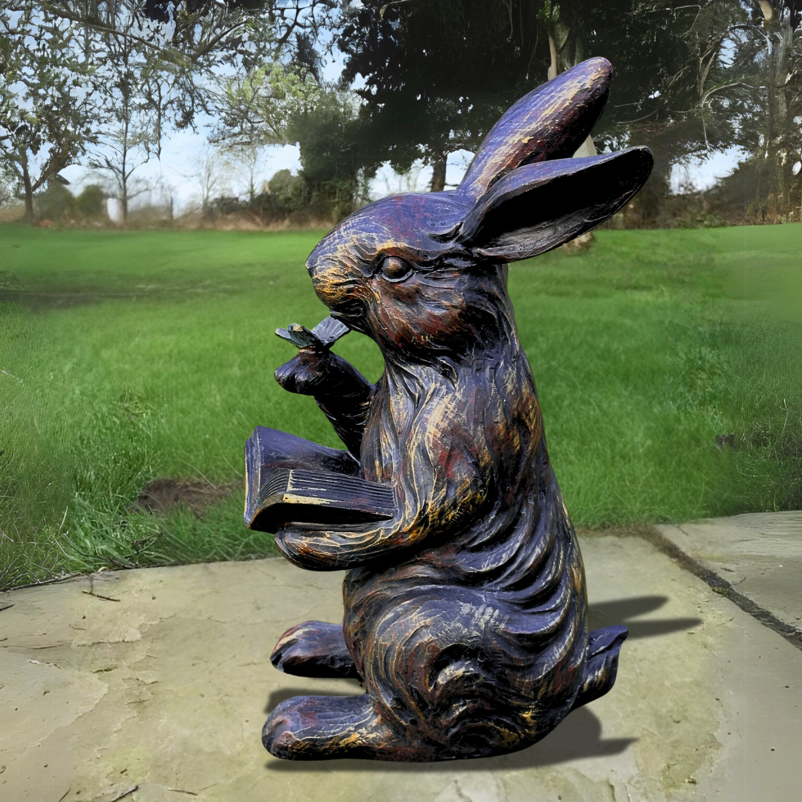 Rabbit Reading Book garden ornament bronze effect figurine decoration sculpture gallery