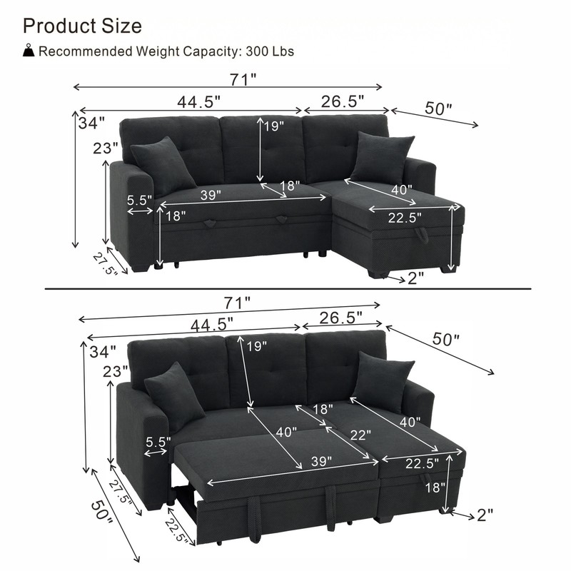 L-Shaped Sofa Sectional Loveseat Couch Convertible Sleeper Sofa w/Pull-Out Bed gallery