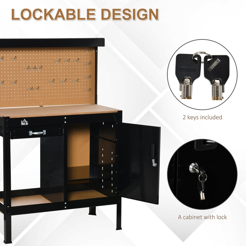 Garage Tool Storage Desk Work Bench Workshop Table with Drawer & Peg Board gallery