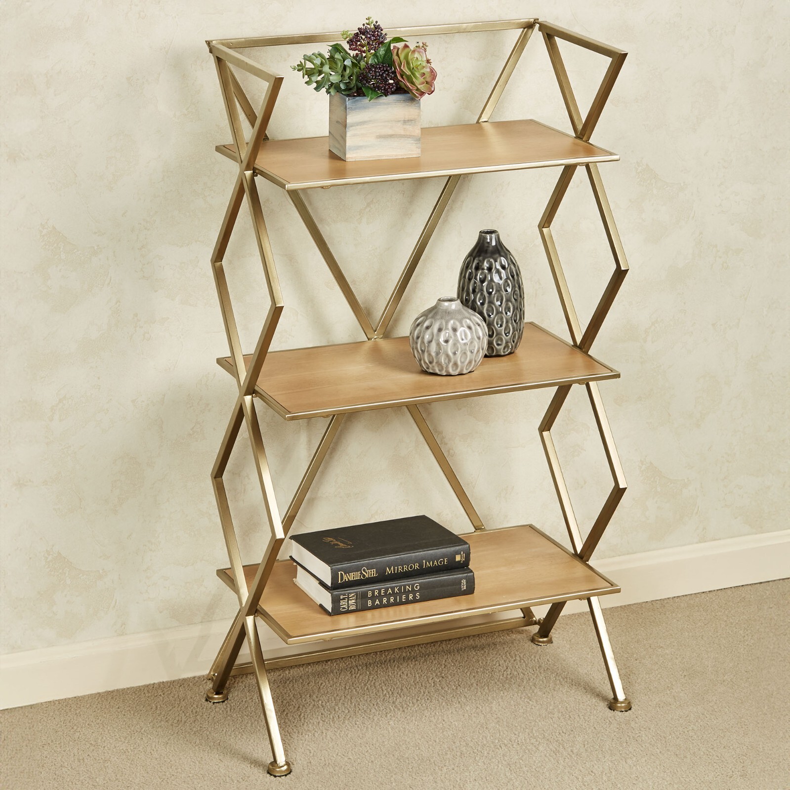 Modern Style Jamie Three Tier Gold Floor Shelf 41 Inches High gallery
