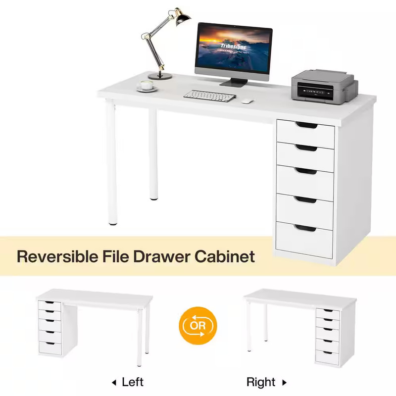 Havrvin 47 In. Rectangular White 5-Drawer Computer Desk, Modern Study Writing Ta gallery