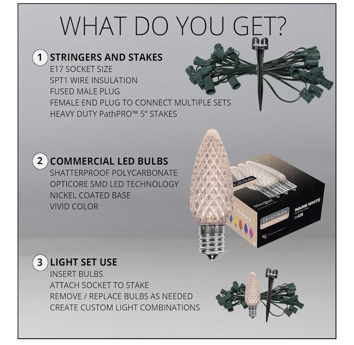 Wintergreen Lighting OptiCore LED C7 Warm White Pathway Holiday Lights 100 Bulbs gallery