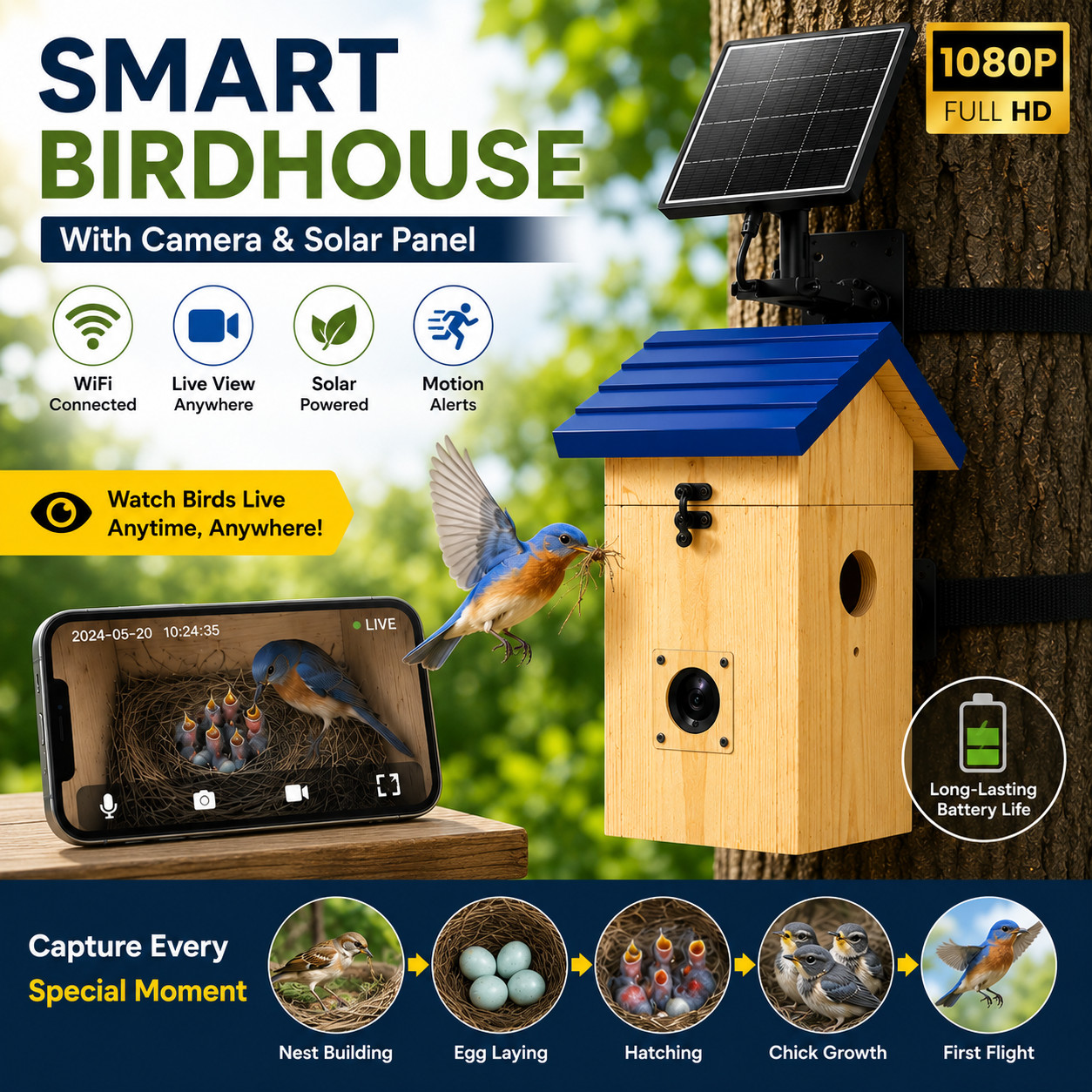 Smart Birdhouse WiFi Camera Solar Powered Bird House HD Live Nest Box App Monito gallery