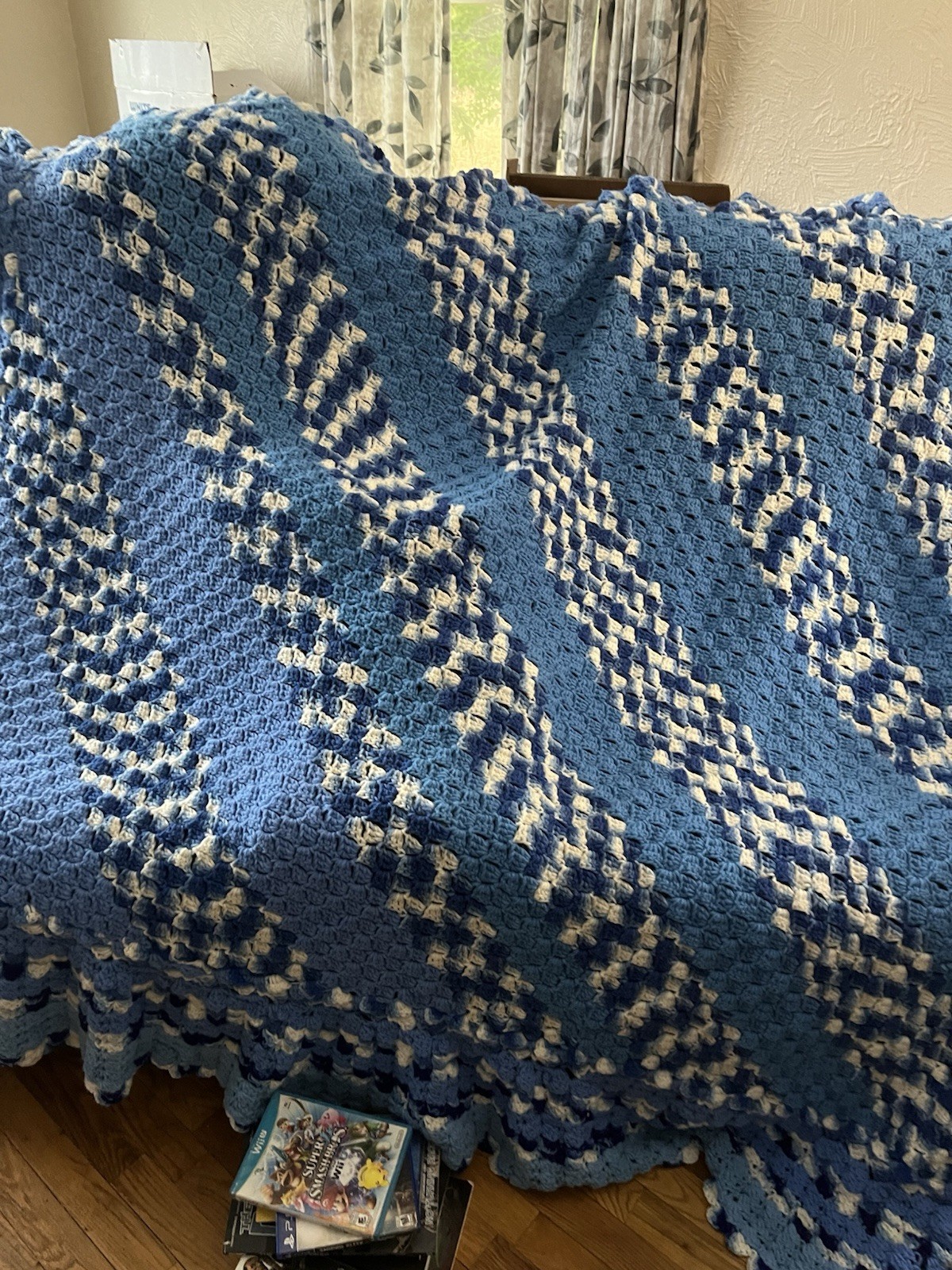 Hand Crochet Afghan It Is A Large Round Afghan and Blues And White Colors. gallery