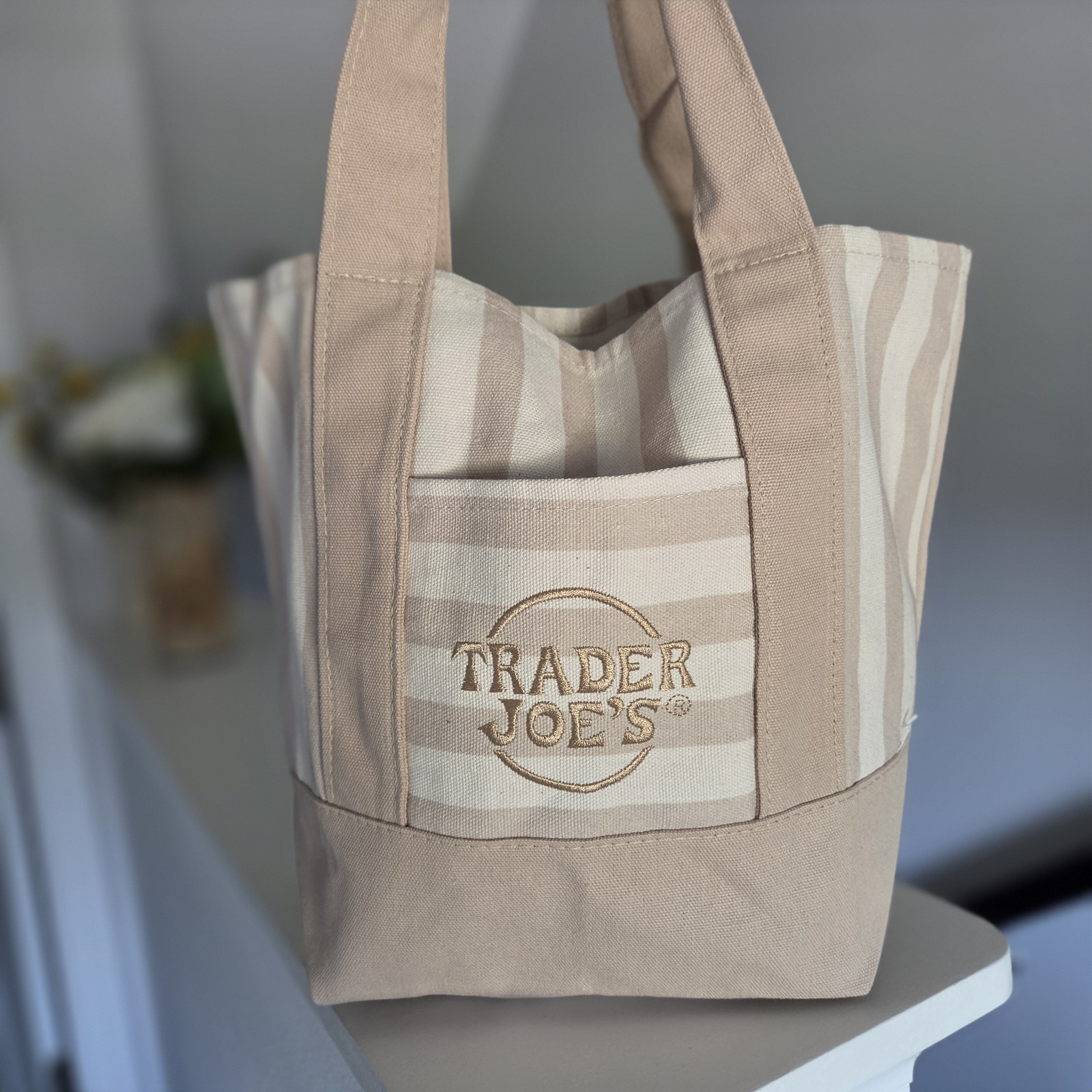 Trader Joe's Limited Mini Canvas Pastel Striped Tote Bag 2026 Beige/Tan gallery