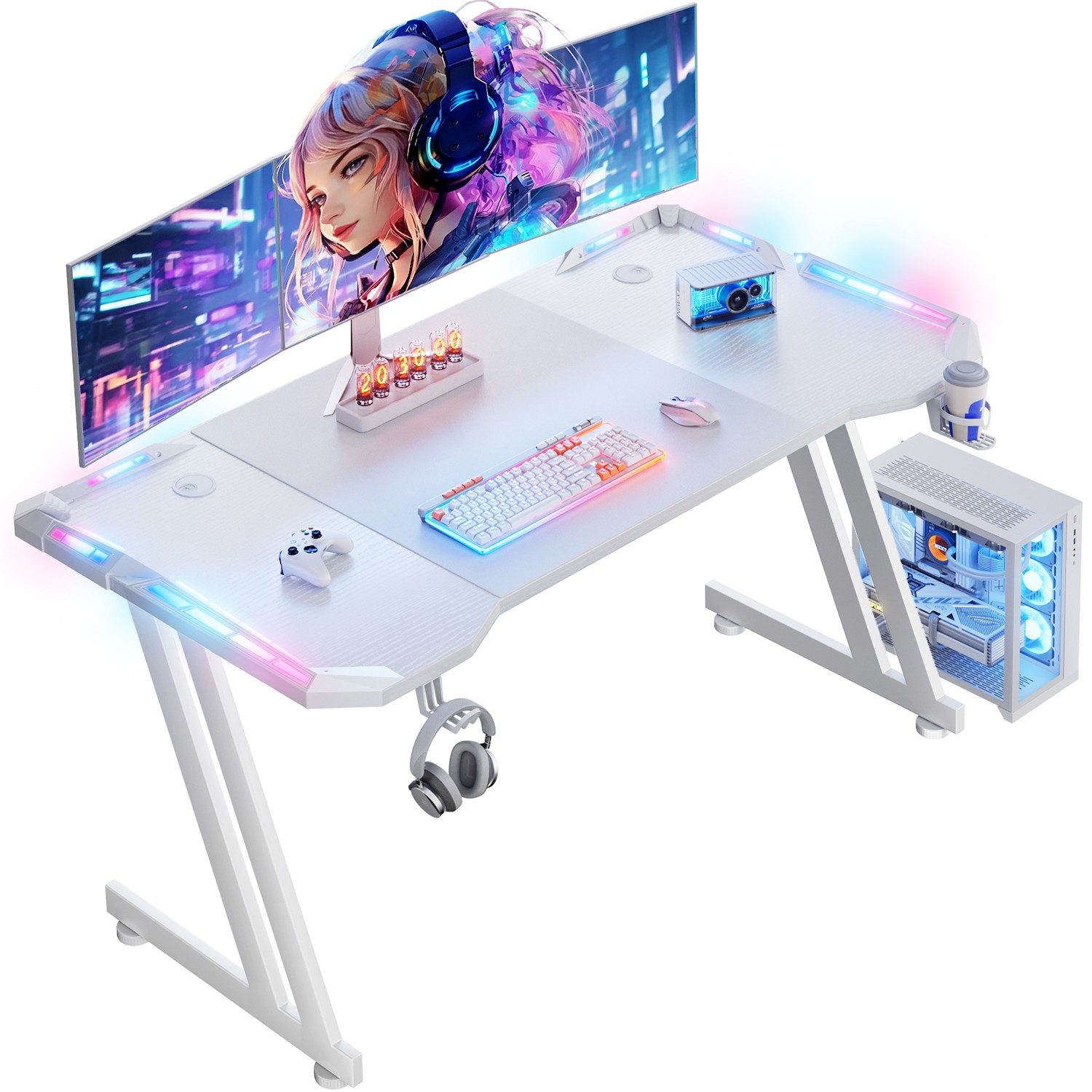 Gaming Desk with RGB LED, Computer Desk with Headphone Hook, Gaming Table, White gallery