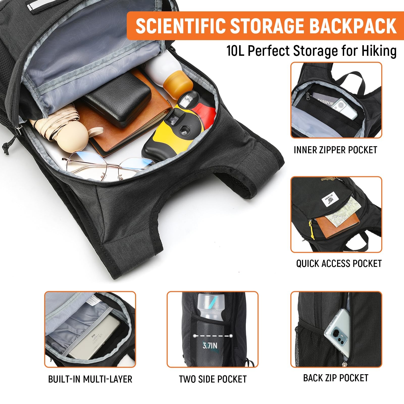 10L Hiking Backpack Foldable Packable Lightweight Daypack Travel Compact Black 3