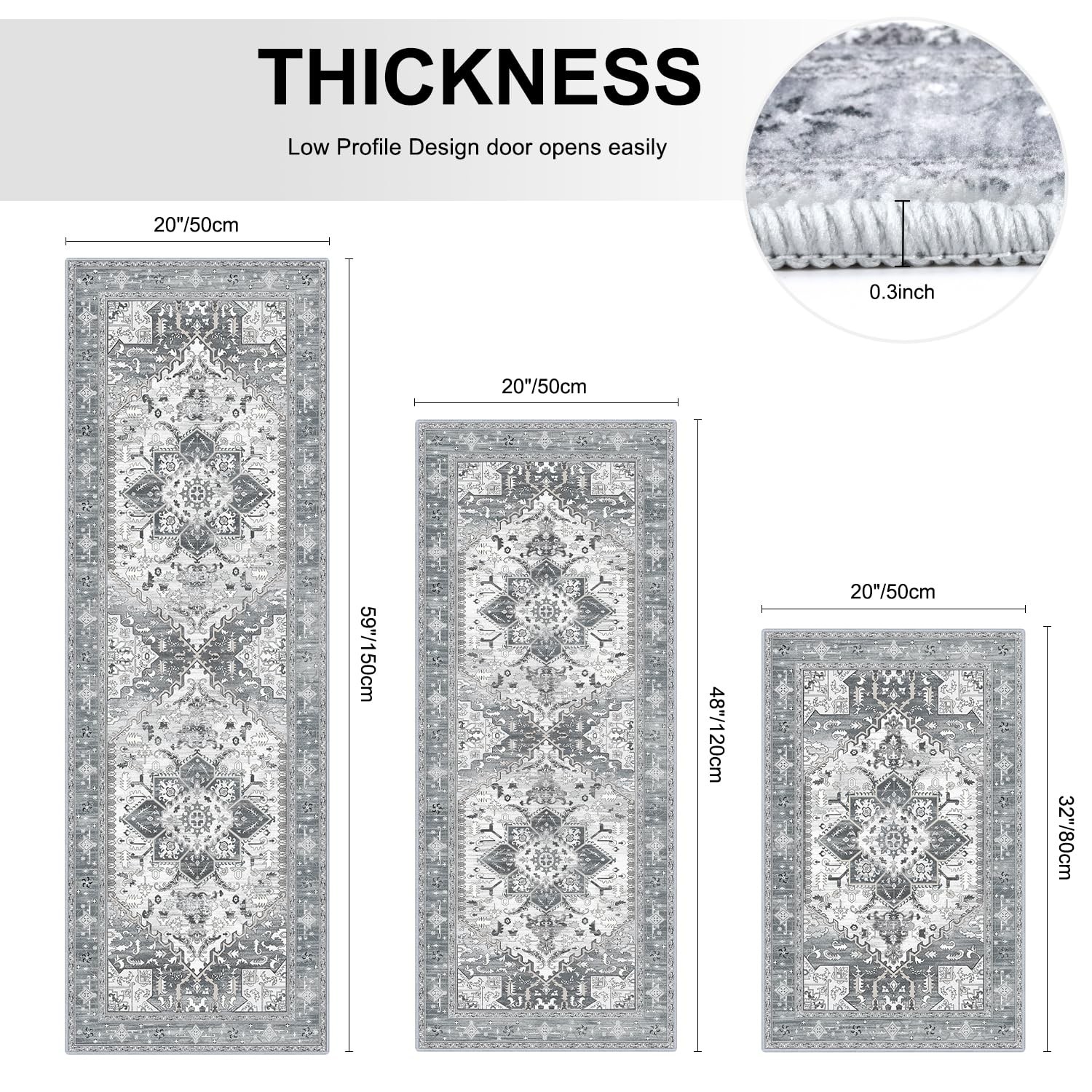 Yamaziot Boho Washable Kitchen Rugs Sets of 3, 20"x32"+20"x47"+20"x59", Grey gallery