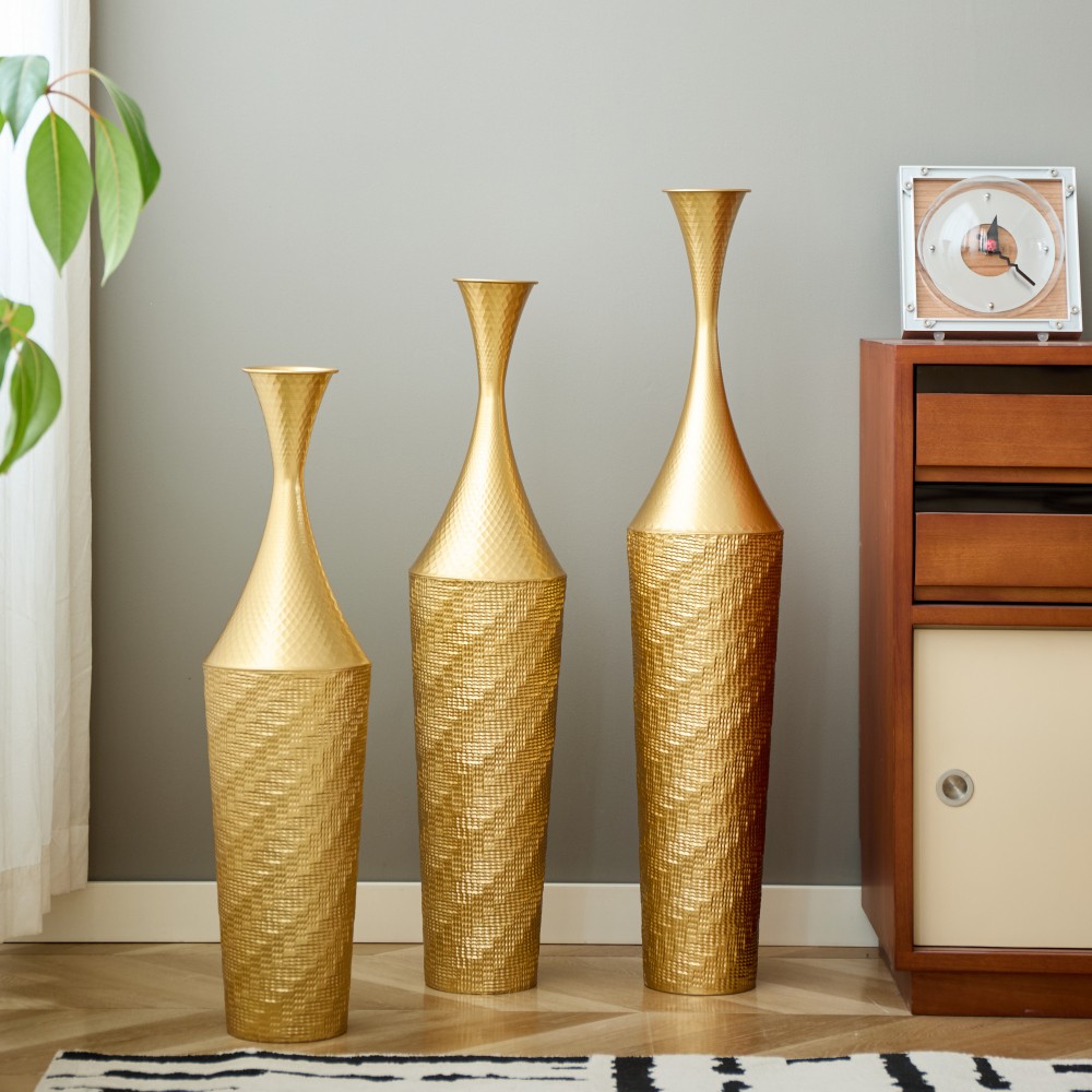 Gold Metal Floor Vase – Handcrafted Rustproof Iron Tall Decorative Vase Set of 3 gallery