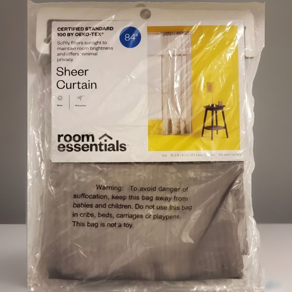 Room Essentials Sheer Voile Window Curtain ONE Panel Gray 60"W x 84"L