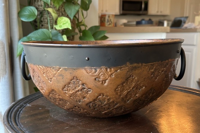 Embossed Rustic Metal Riveted Decorative Bowl With Handles HTF gallery
