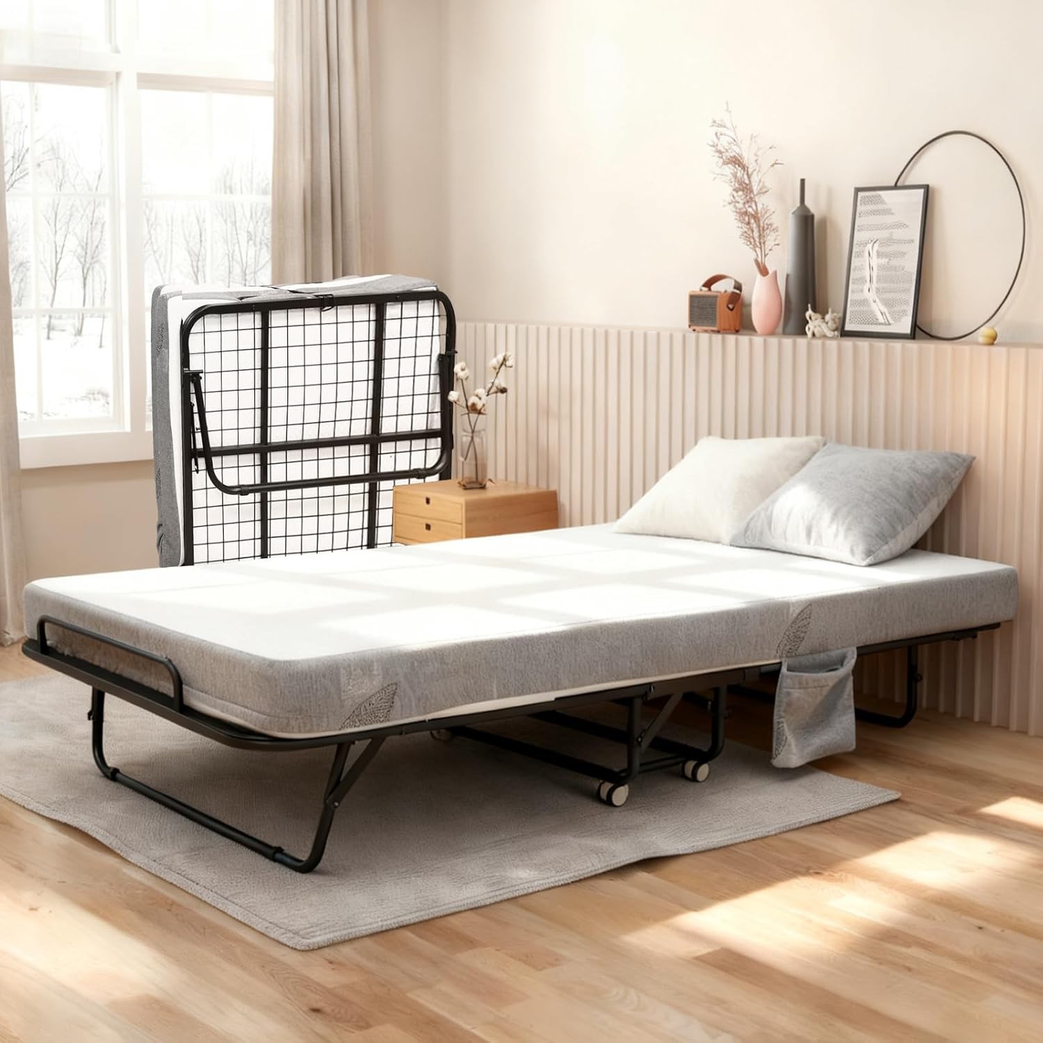 75" x 38" Folding Guest Bed Portable Rollaway Bed with 4" Memory Foam Mattress gallery