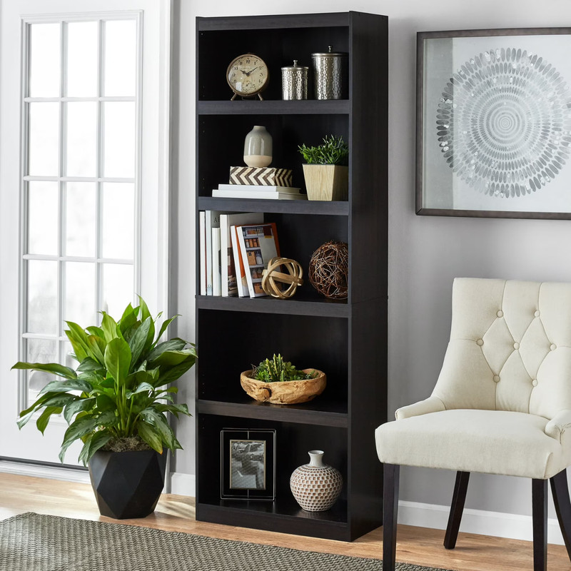 5-Shelf Wood Bookcase Adjustable Framed Storage Wide Shelf 71 in Tall, Espresso gallery