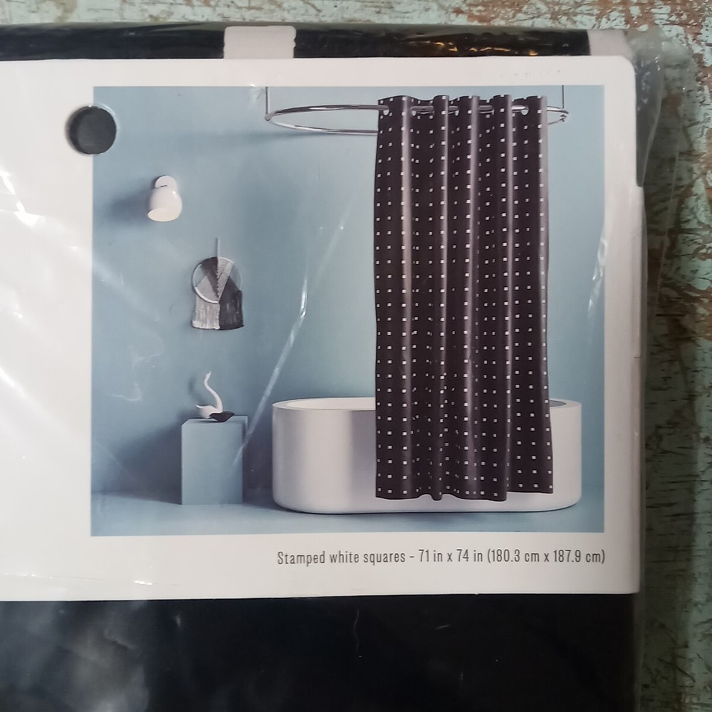 Hookless Shower Curtain Uses No Hooks Or Liner White Squares On Black 71" X 74"