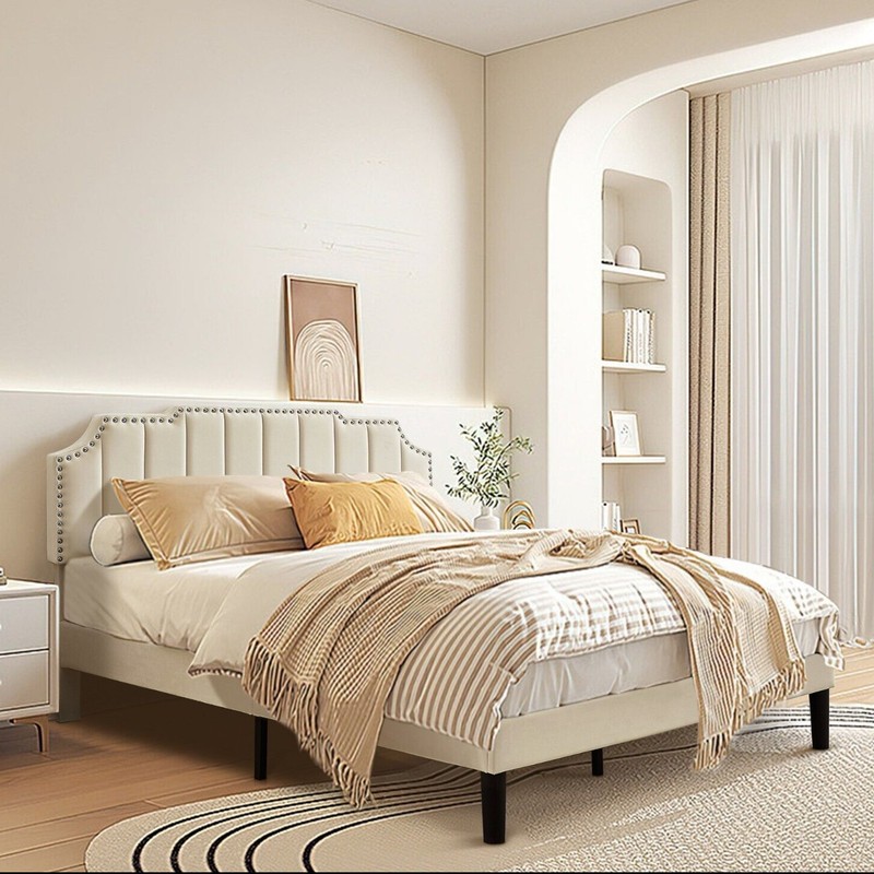 Upholstered Bed Frame Full Queen Platform with Headboard Footboard Wooden Slat gallery