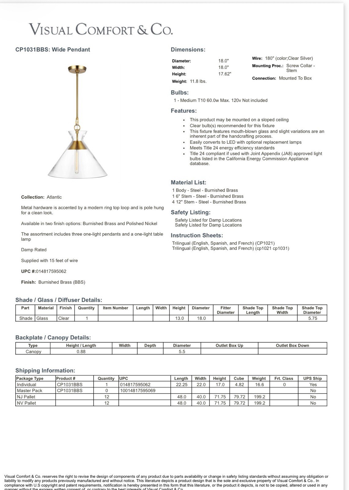 Visual Comfort & Co. Atlantic Pendant Burnished Brass 18in CP1031BBS gallery