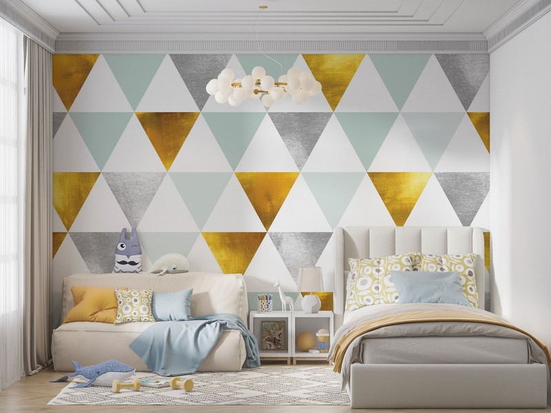 Triangle Geometric Abstract Pattern Wall Mural. Gold, Silver, Teal, Turquoise an gallery