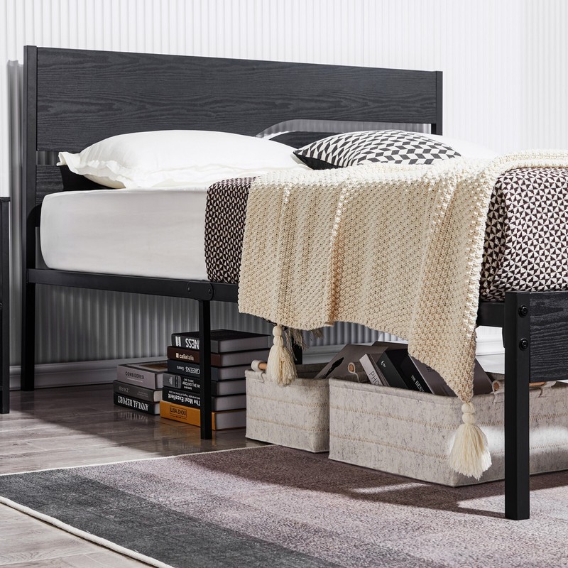Bed Frame Metal Platform Twin Full Queen Size with Wooden Headboard Footboard gallery
