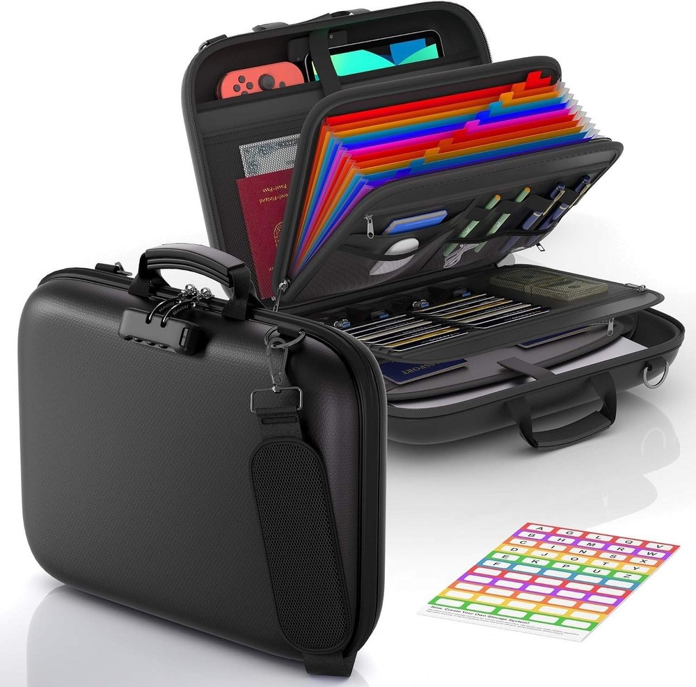 Fireproof Document Box with Lock & Shoulder Strap, Hard-Shell Fireproof File