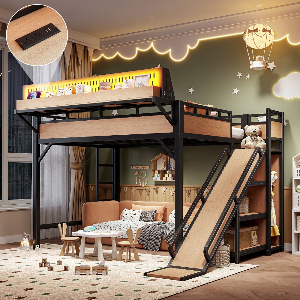 Queen Size Loft Bed w/Slide,Storage Shelves & Built-in Wardrobe,Metal Loft Bed gallery