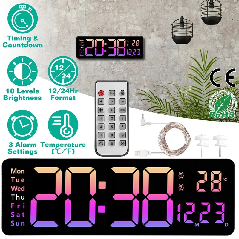 16"Large LED Screen Dispaly Digital Wall Clock W/Remote Control Temperature Date gallery