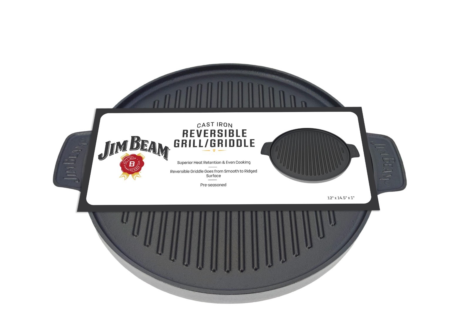 Jim Beam Cast Iron Reversible Grill Griddle Round Pre-Seasoned BBQ Pan gallery