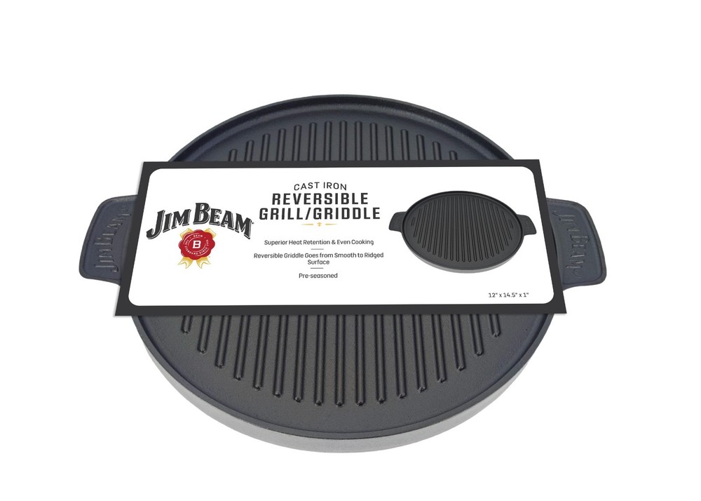 Jim Beam Cast Iron Reversible Grill Griddle Round Pre-Seasoned BBQ Pan