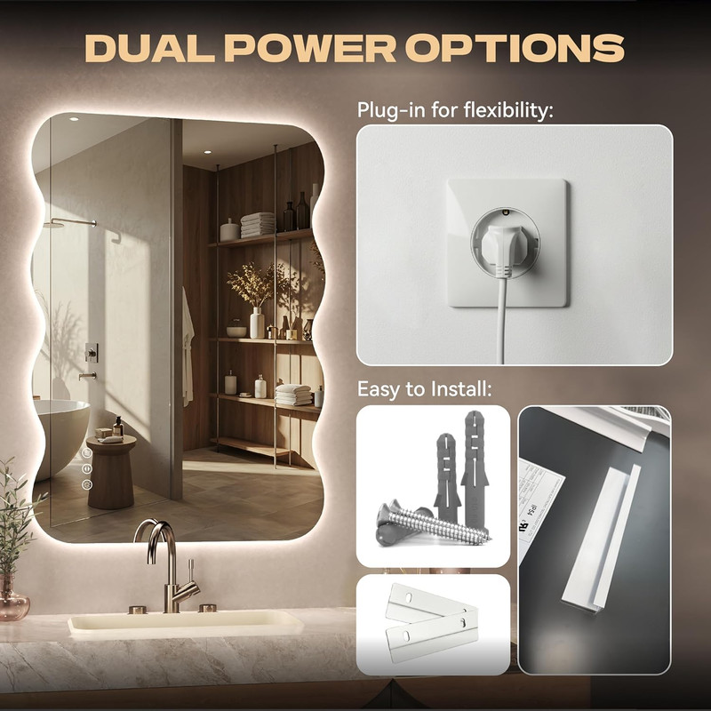 Dimmable LED Wavy Full Length Mirror - 40"x32" Frameless Floor/Wall Mount gallery