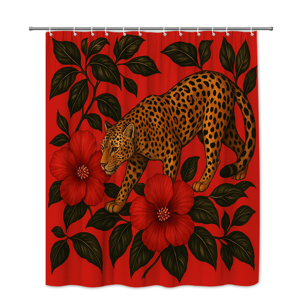 Leopard Print Floral Shower Curtain - Red Hibiscus Design gallery