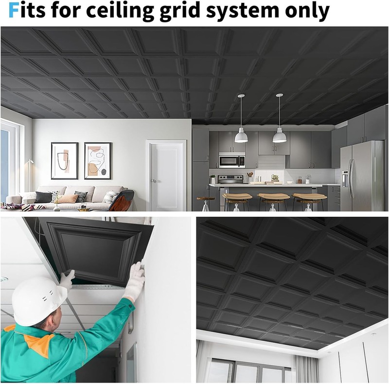 24-Pack Square Drop Ceiling Tile 2Ft X 2Ft in Black, PVC Ceiling Panel 24 X 24In gallery