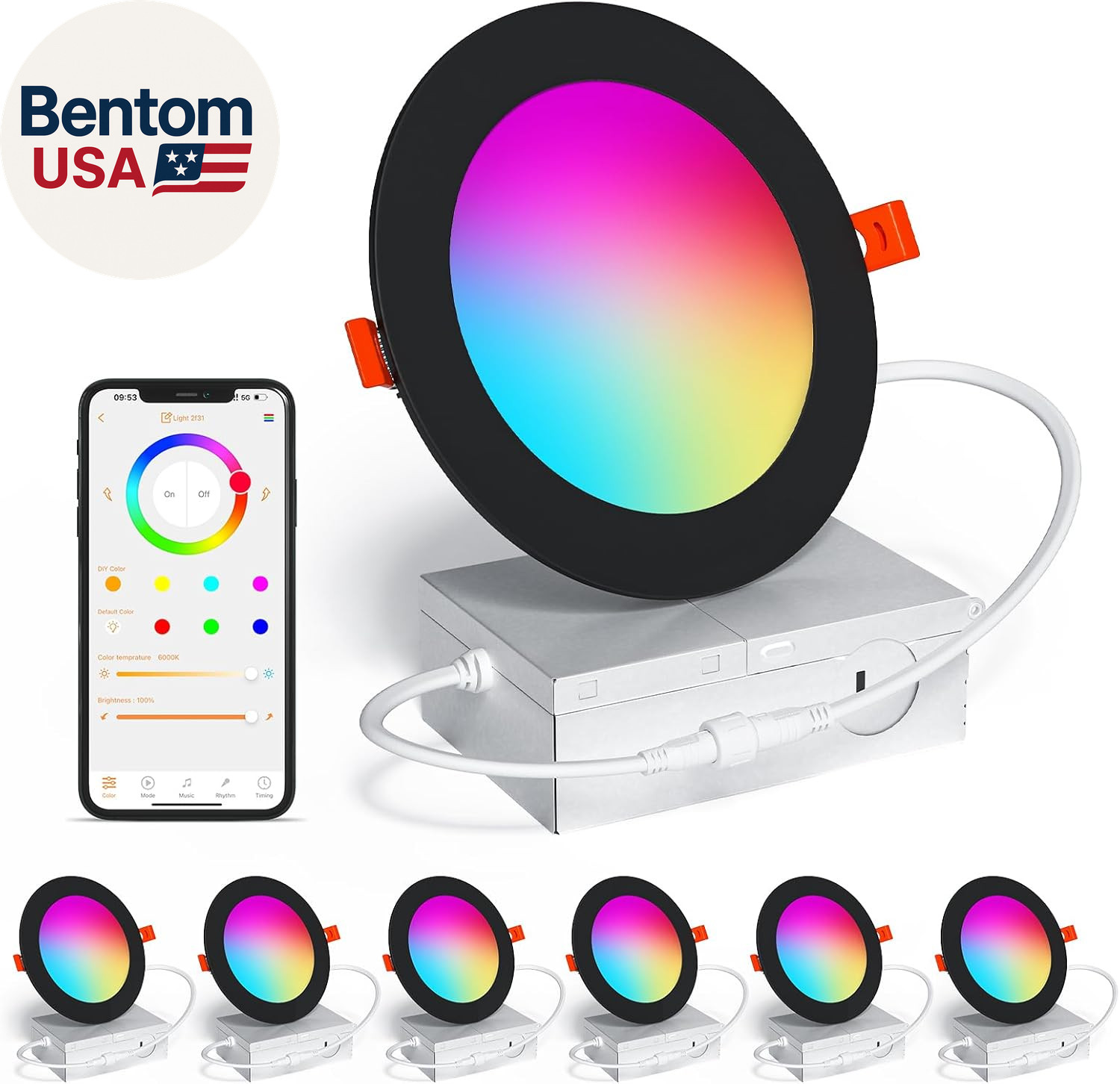 Smart Recessed Lighting 4 Inch Black RGBCW Color Changing 12W LED Downlight with gallery