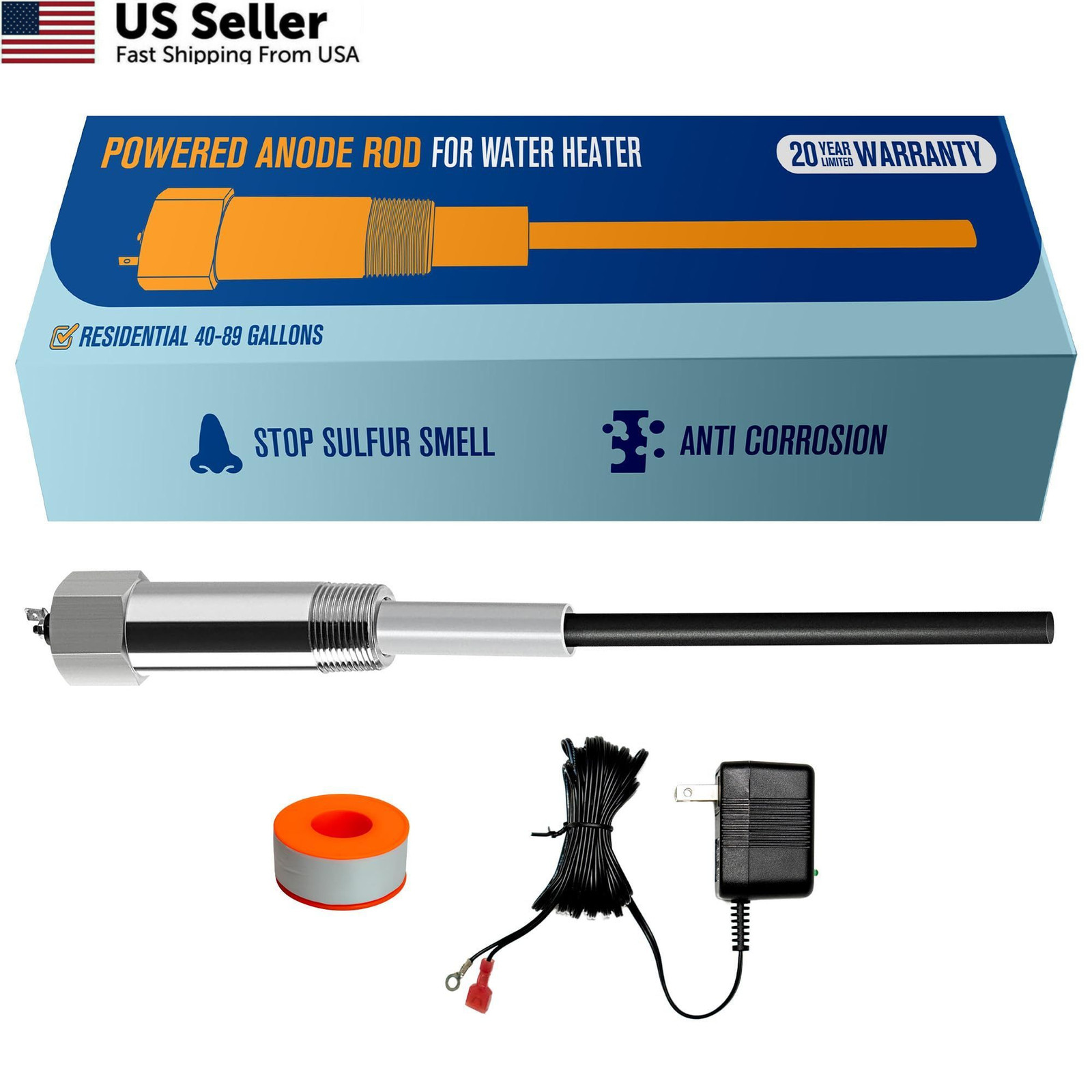 Powered Electric Anode Rod Water Heater Eliminate Sulfur Smell 40-89 Gallon USA gallery