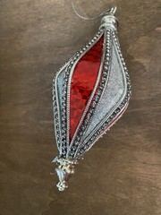 5 DECORATIONS CHRISTMAS SILVER & RED TEARDROP ORNAMENTS HOLIDAY SEASONS HANGING