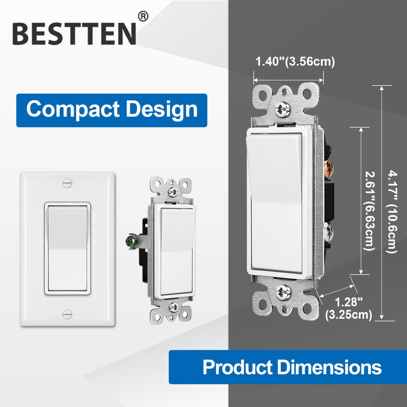10 Pack Single Pole Decorator Light Switch with Wallplate, 15A 120/277V, Rocker gallery