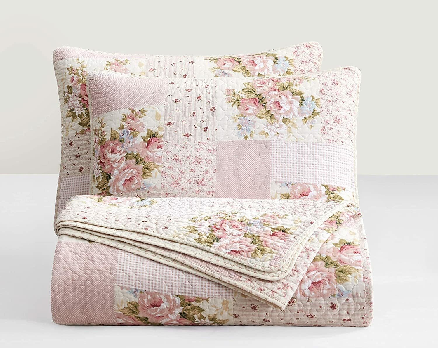 Pre-Washed Cotton Quilt Set - Rosy Pink Chic Floral Bedding Coverlet Set gallery