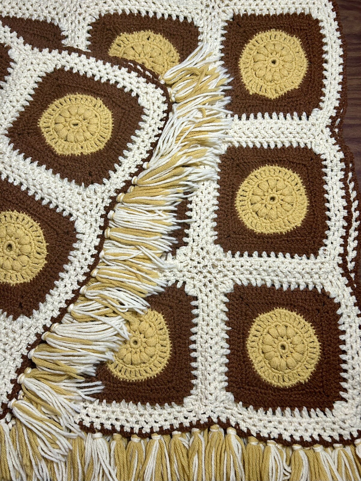 Vintage Retro Afghan Crochet Blanket Granny Neutral Boho Brown Medallion Fringe gallery
