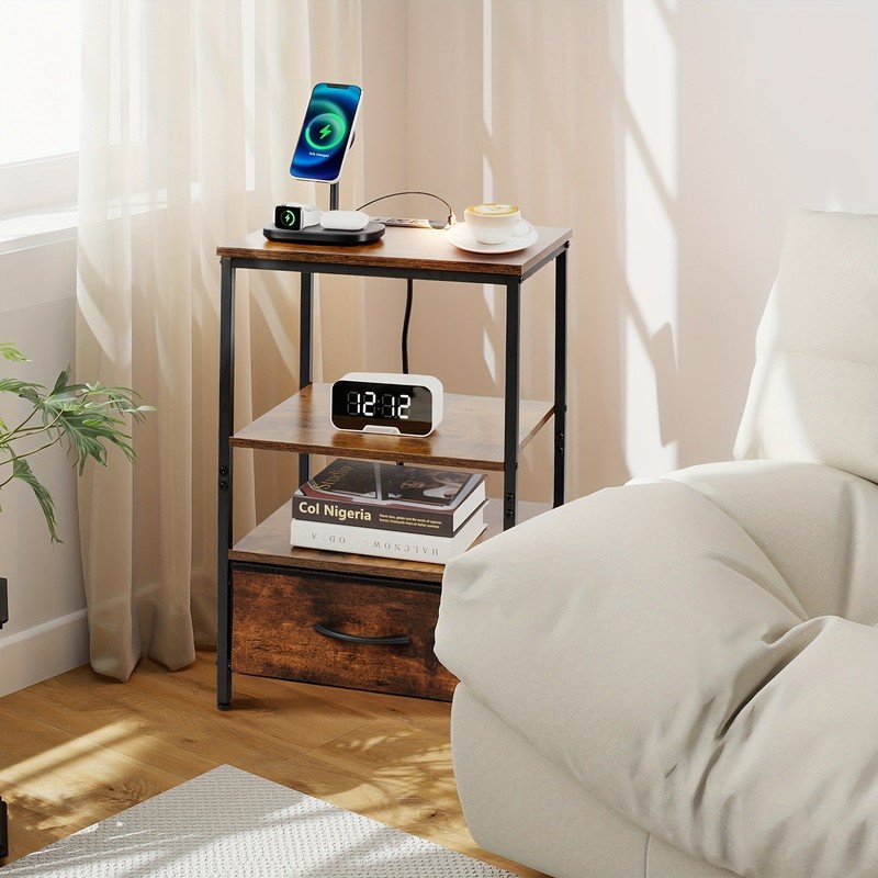 LED Nightstand Retro Bedside Table WIth Charging Station 2 Drawers Storage Black gallery