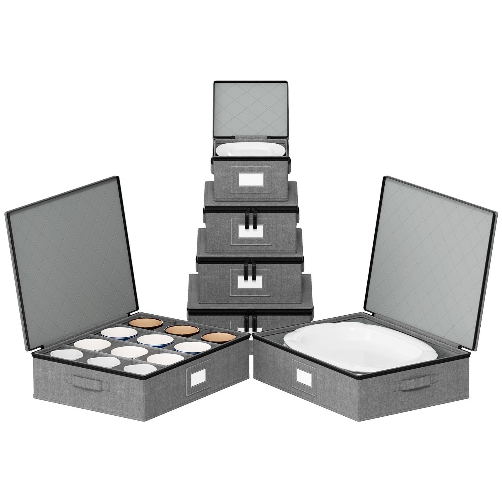Stackable Hard Shell Storage Containers 6 Pack - Quilted Cases for Dishes, Mugs, gallery