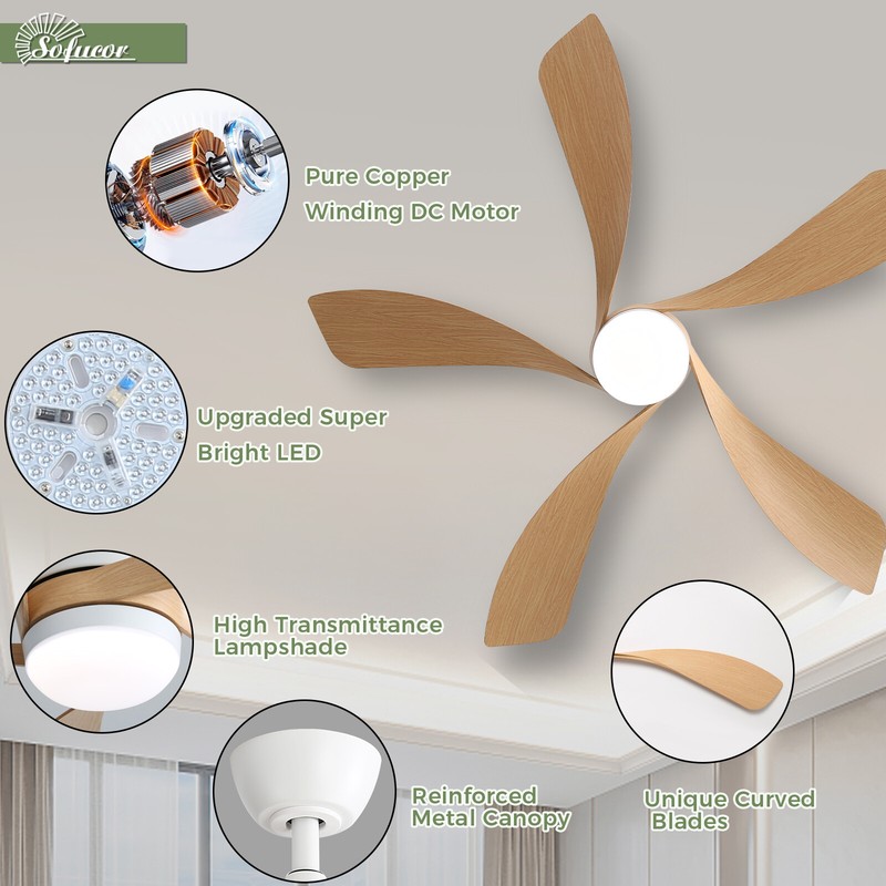 Sofucor 52" Smart Ceiling Fans with Lights and Remote Work with Alexa/Google/App gallery