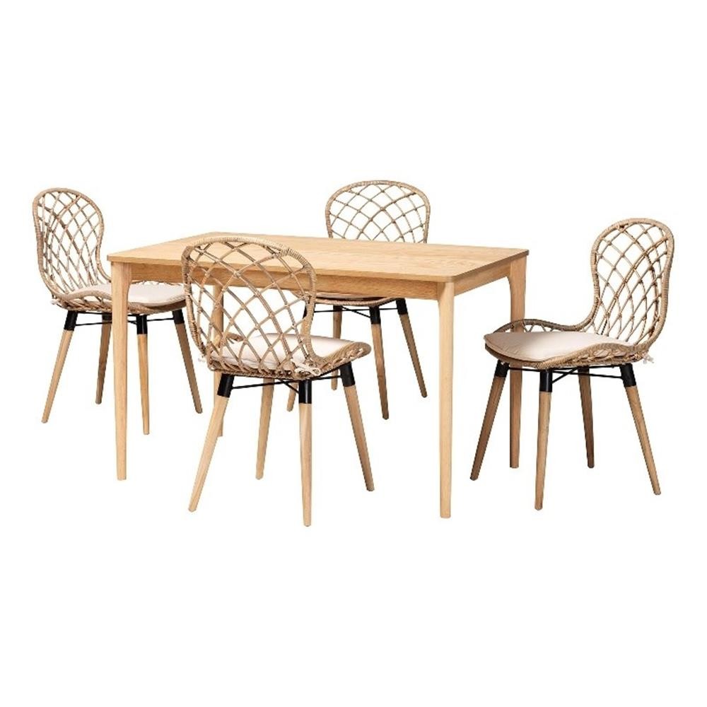 Baxton Studio Sabelle Greywashed Rattan and Brown Wood 5-Piece Dining Set gallery