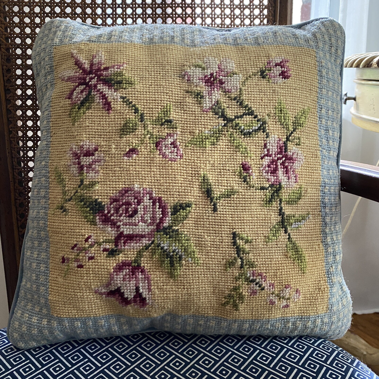 Vintage Needlepoint Petit Point Roses Floral Pillow 12 x 12 Shabby Chic Cottage gallery
