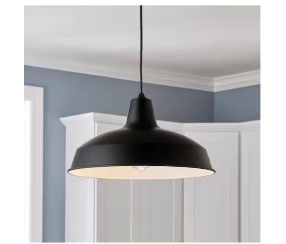 Hampton Bay 1-Light Black Warehouse Pendant Hanging Light with Metal Shade gallery