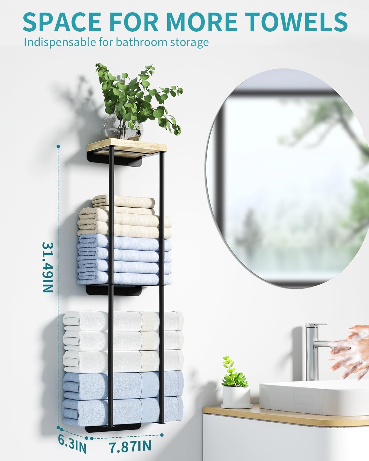 Towel Racks for Bathroom, 2 Tier Wall Towel Holder with Wood Shelf, Metal Wal... gallery