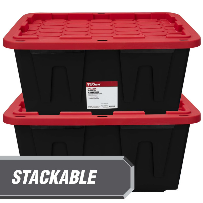 Hyper Tough 4 Pack 27 Gallon Storage Bin Snap Lid Heavy Duty Black Red gallery