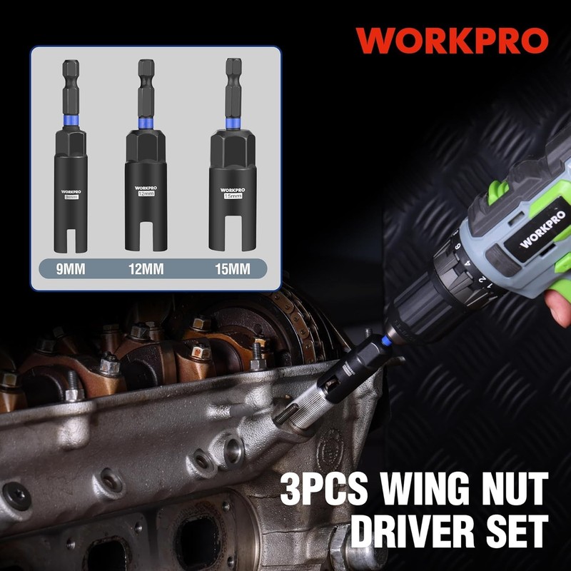 WORKPRO Wing Nut Driver Set 3 PCS Compatible 1/4'' Hex Shank 9mm 12mm 15mm New gallery