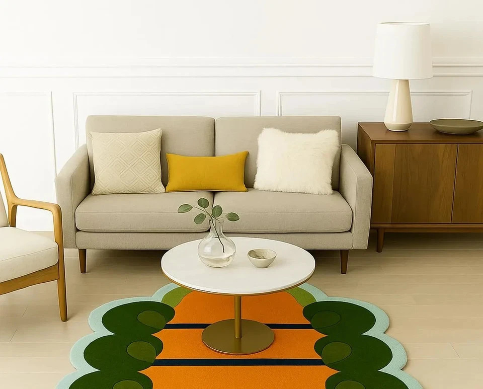 Handmade Tufted Wool Rug: Retro Orange Green Abstract Oval gallery