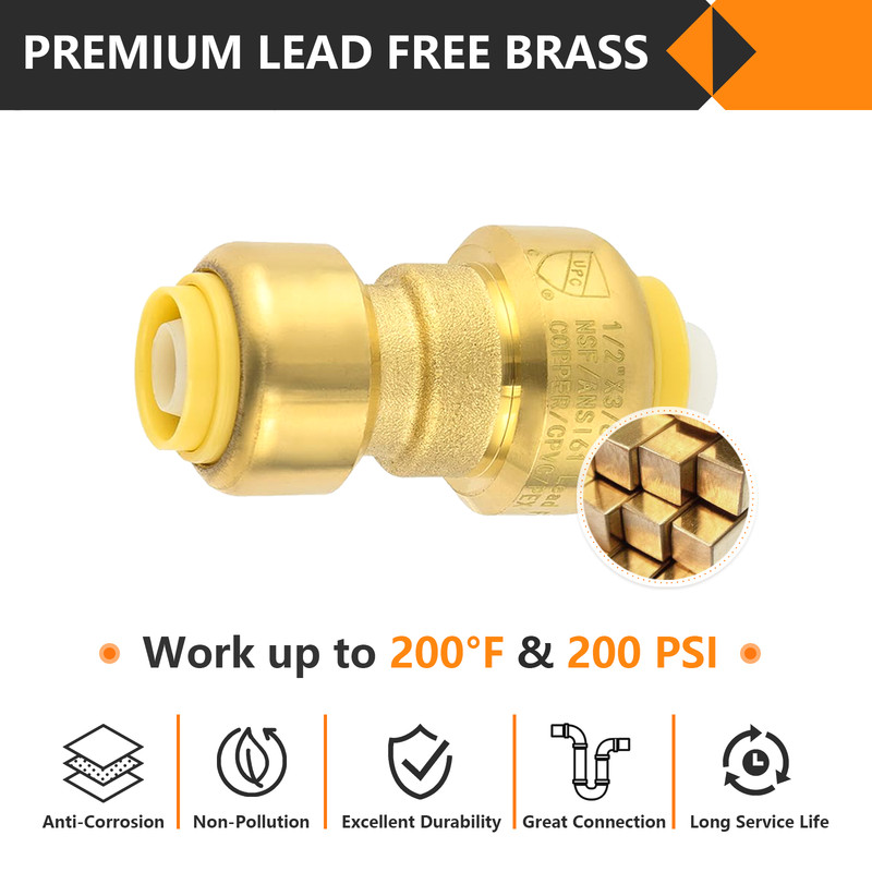 EFIELD (2 to100 Pack) 1/2"Push Fit×3/8"Reducing Coupling Brass Fitting Lead Free gallery